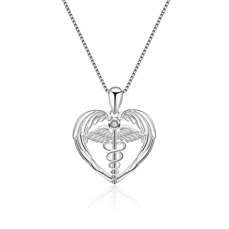YFN Sterling Silver Caduceus Angel Nursing Themed Pendant Necklace 18" (Nurse Necklace) (Nurse Necklace) (Silver) - Image 1